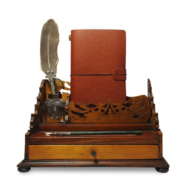 Elegant Victorian Oak Hand Crafted Desk Top Letter Rack with Intricately Cut, Art Nouveau Motifs Circa 1800's. Supplied...