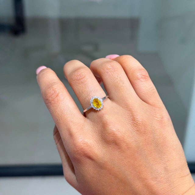 Not Yet Made - Made To Order Oval Yellow Sapphire & Diamond Halo Vintage Ring in 14k White Gold Size 5.5 For Sale - Image 5 of 16
