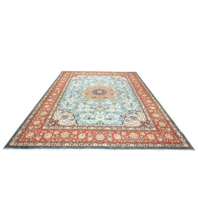 Persian Antique Persian Tabriz Emad Wool 10x13 Light Blue & Red Handmade Area Rug #9902217 For Sale - Image 3 of 9