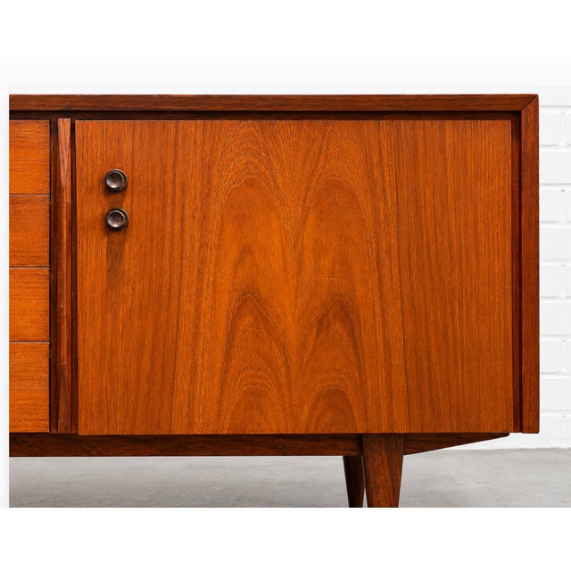 Brown Compact Mid Century Modern Teak Cabinet | Petite Danish Modern Small Credenza | Apartment Size Tv Stand, C. 1960’s For Sale - Image 8 of 16