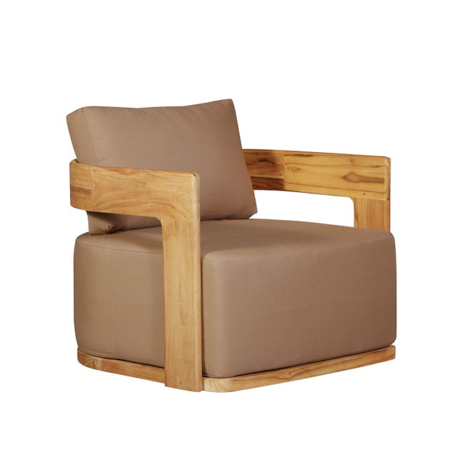 Eclipse Outdoor Solid Teak Wood Revolving Chair - Light Brown Fabric For Sale - Image 9 of 12