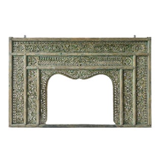 Architectural Hand-Carved Indian Arch Panel With Green Patina – Monumental 7 Ft Wall Panel For Sale