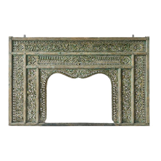 Architectural Hand-Carved Indian Arch Panel With Green Patina – Monumental 7 Ft Wall Panel For Sale