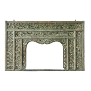 Architectural Hand-Carved Indian Arch Panel With Green Patina – Monumental 7 Ft Wall Panel