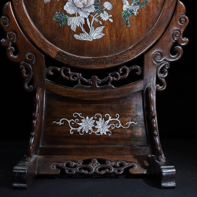 Late 20th Century Wooden Table Screen With Mother-of-Pearl Bird and Floral Inlay For Sale - Image 9 of 10