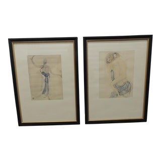 Vintage Framed Rodin Watercolor Prints From Rodin Museum in Paris - Set of 2 For Sale