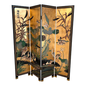 Asian Style Black Lacquered/Giltwood 4-Panel Bird Screen