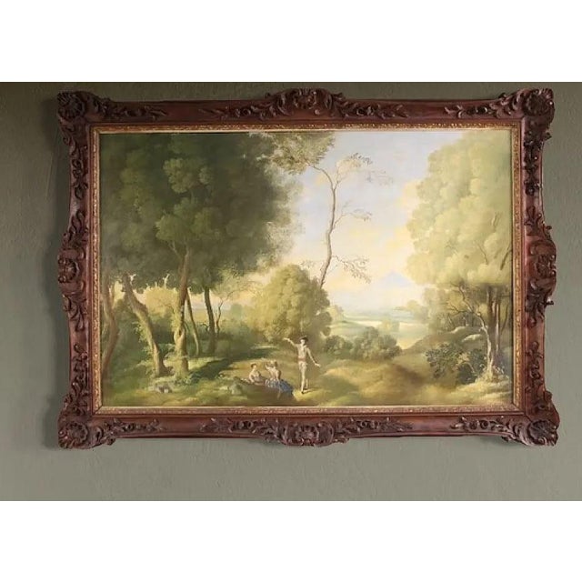 Large Italian painting from the mid-20th century. Oil on masonite work depicting a bright countryside view with figures in...