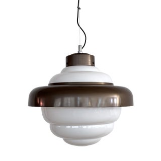Vintage Italian White Glass Pendant Light with Aluminum Ring, 1980s For Sale