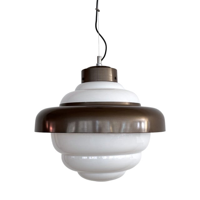 Vintage Italian White Glass Pendant Light with Aluminum Ring, 1980s For Sale