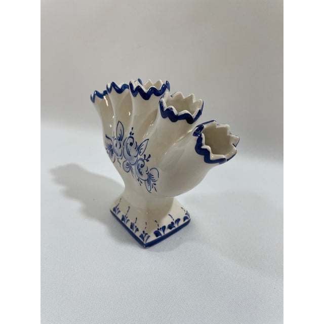 Mid-Century Modern 1970s Vintage Blue and White Portuguese Petite Tulip Vase Tulipiere For Sale - Image 3 of 12