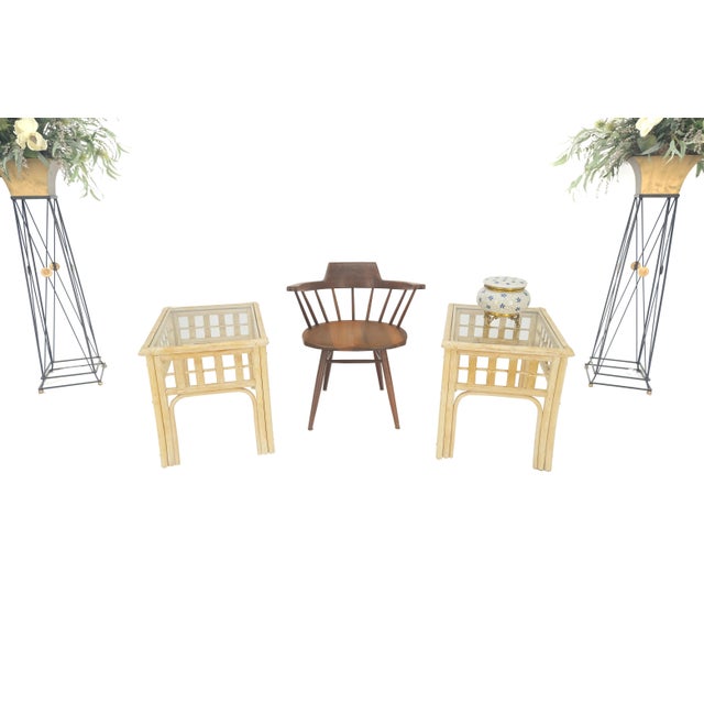 Pair of White Wash Pickle Finish Rattan Rectangle Glass Top End Side Tables Night Stands MINT!