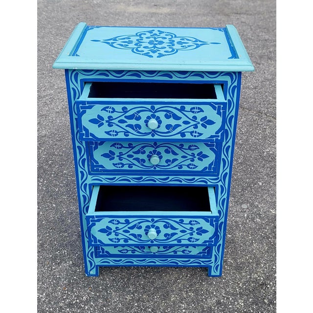 Hand‑Painted Moroccan Nightstand / Blue Zoua9 Woodwork For Sale - Image 4 of 7