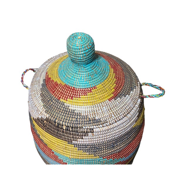 African Lg Basket With Lid Senegal West Africa 30" H For Sale - Image 3 of 13