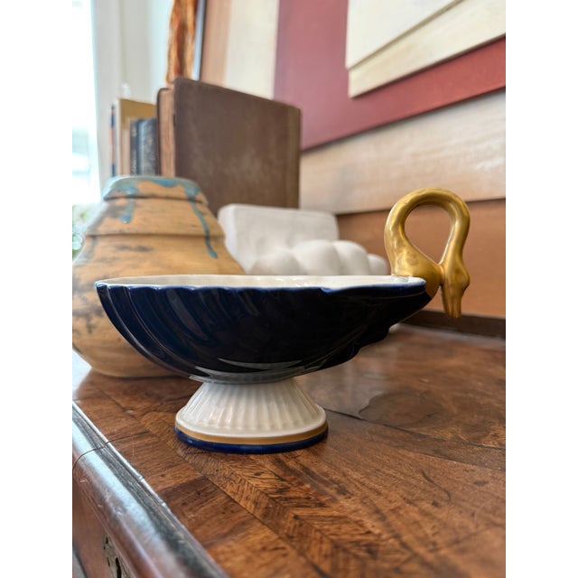 Vintage Italian Cobalt Blue Swan Shell Dish | Gold Gilt Porcelain Vanity Trinket Bowl | Bassano Italy 1960s–70s For Sale In Chicago - Image 6 of 12