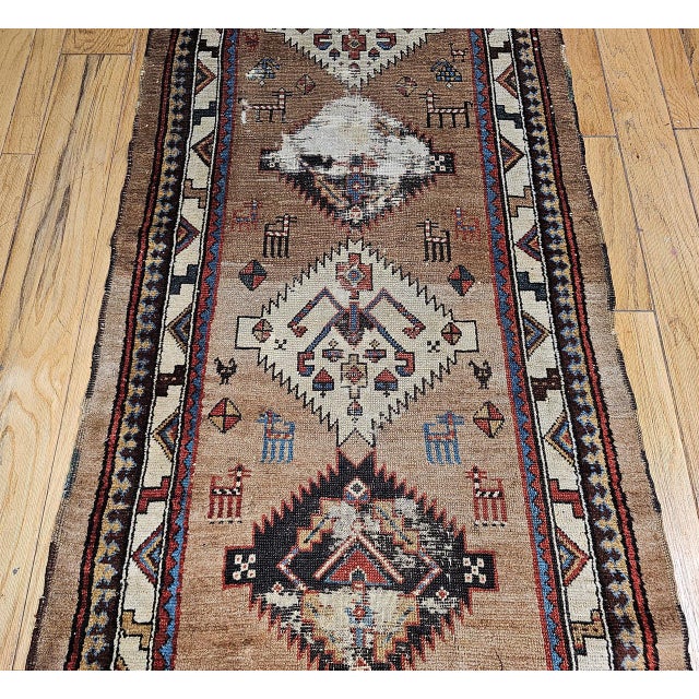 Antique 19th C. Persian Kurdish Runner Rug, Hand-Knotted Wool, Geometric Pattern, 4x10, Camelhair & Ivory For Sale - Image 15 of 18