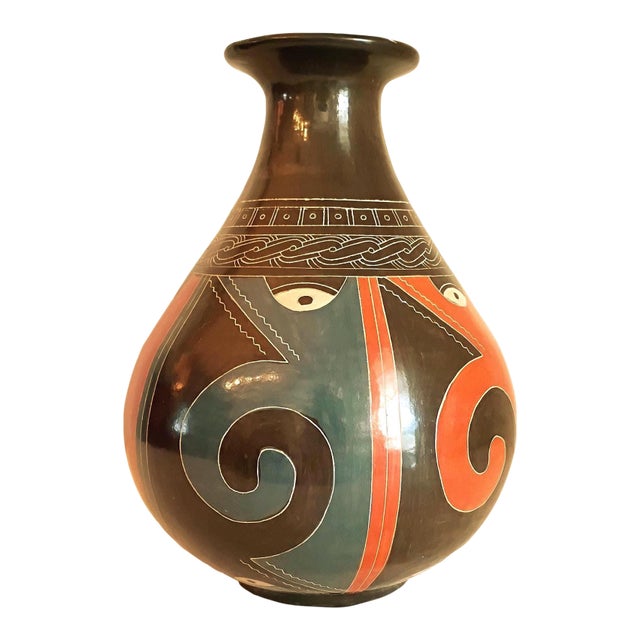 Vintage Signed Teodulo Potosme Nicaragua Art Pottery Vase San Juan De Oriente Hand Etched Sgraffito Vessel Global Tribal Accent For Sale