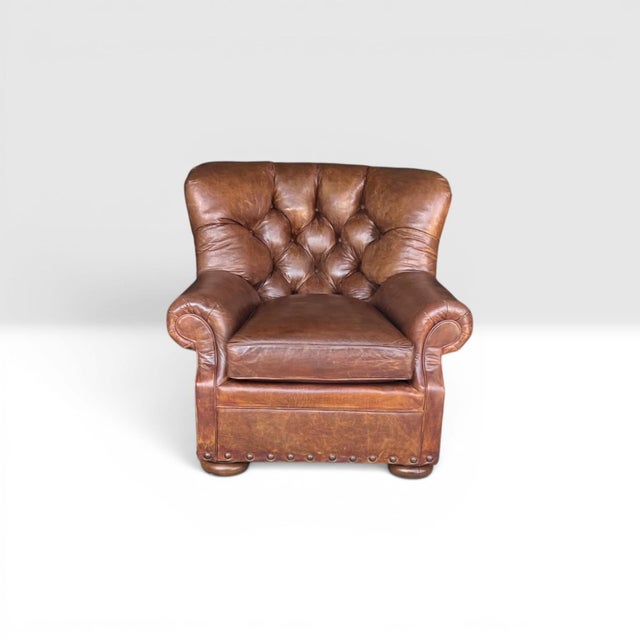 Brown 1990s English Churchill Leather Armchair With Rolled Arms & Brass Nailhead Trim For Sale - Image 8 of 12