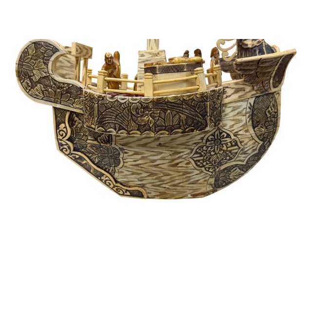 Vintage Asian Cream Bone Inset Treasure Ship Display Art Figure For Sale - Image 14 of 16