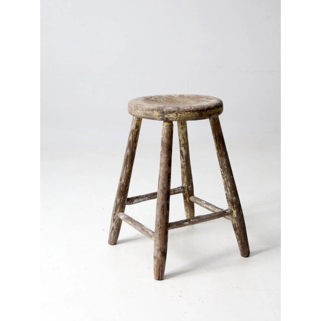 Wood Antique Wooden Farmstool For Sale - Image 7 of 9