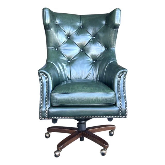 1960s English Traditional Distressed Green Leather Wingback Executive Swivel Chair For Sale
