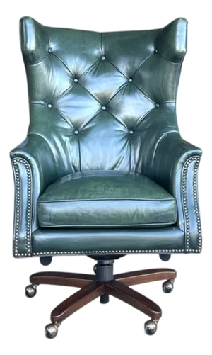 1960s English Traditional Distressed Green Leather Wingback Executive Swivel Chair