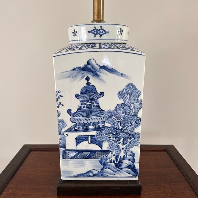 Vintage Frederick Cooper Chinoiserie Blue & White Lidded Jar Table Lamp — 28” For Sale In Chicago - Image 6 of 12
