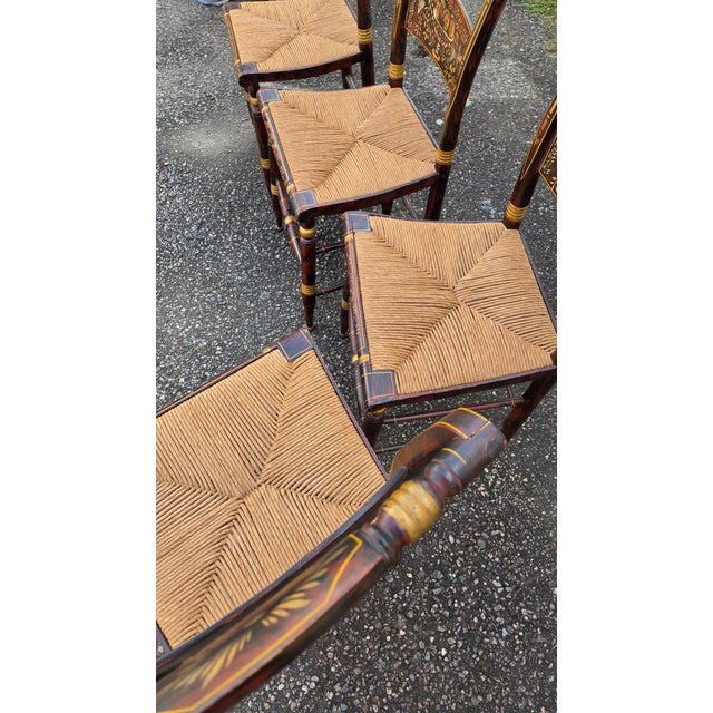 20th-Century Hitchcock-Style Harvest-Stenciled Rush-Seat Dining Chairs—Set of Four For Sale - Image 15 of 18