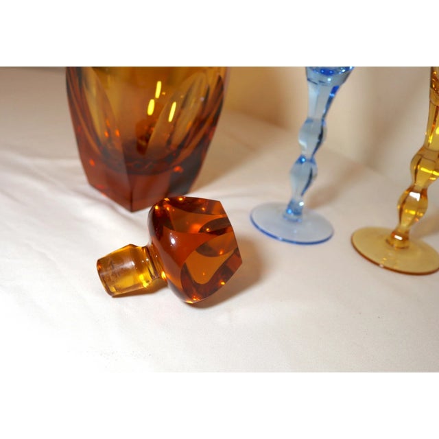 Vintage Cut Crystal Signed Moser Czechoslovakian 5 Pc Colored Glass Decanter Set For Sale - Image 12 of 12