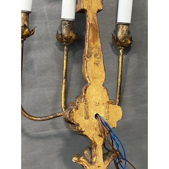 Wood Wooden Floral 3-Arm Wall Light, 1920s For Sale - Image 7 of 11