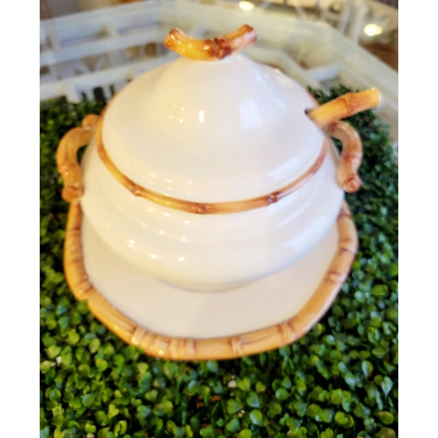 Fitz and Floyd Vintage Ceramic Faux Bamboo Palm Beach Regency Trim Soup Tureen With Ladel and Platter For Sale - Image 4 of 10
