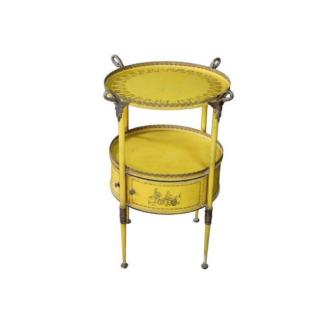 Victorian 19th C French Yellow Toleware Tiered Tray Table Stand Chinoiserie Pastoral Scene For Sale - Image 3 of 18