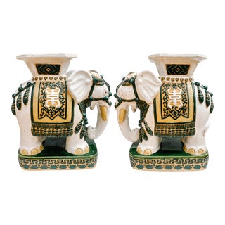 Mid-Century Chinoiserie Ceramic Elephant Garden Stool Planter Stands - a Pair For Sale