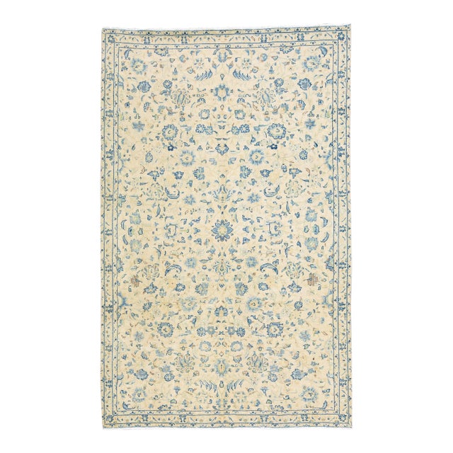 1960s Vintage Persian Distressed Handmade Floral Ivory Wool Rug For Sale