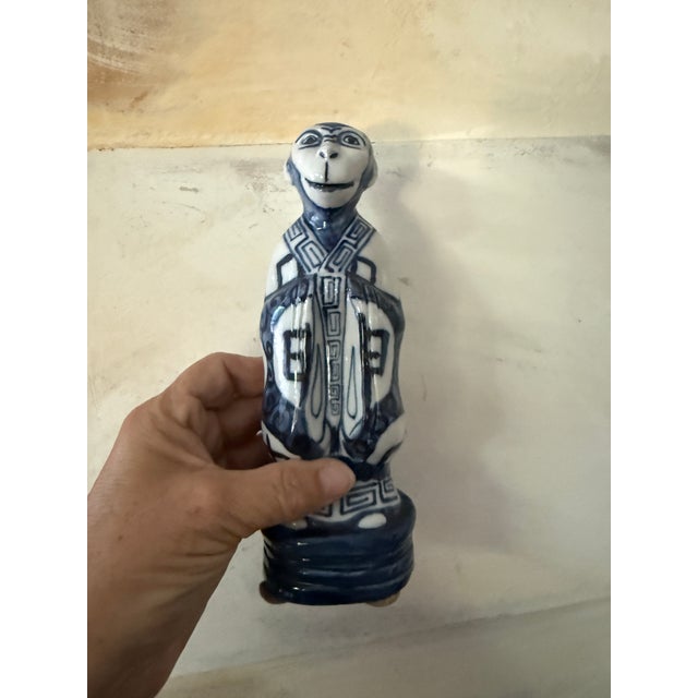 Vintage Blue and White Monkey Figure, Attributed to Andrea by Sadek, Chinese Zodiac Style Figurine For Sale In Chicago - Image 6 of 9