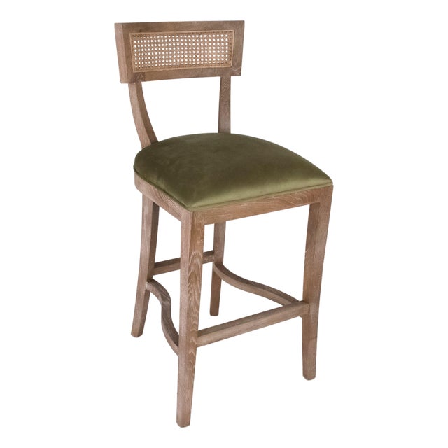 Carvell Cane Back Bar Stool - Olive Velvet / Weathered Oak Frame For Sale