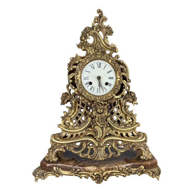 Vintage French Rococo Louis XV Style Revival Gilt Metal Mantel Clock For Sale