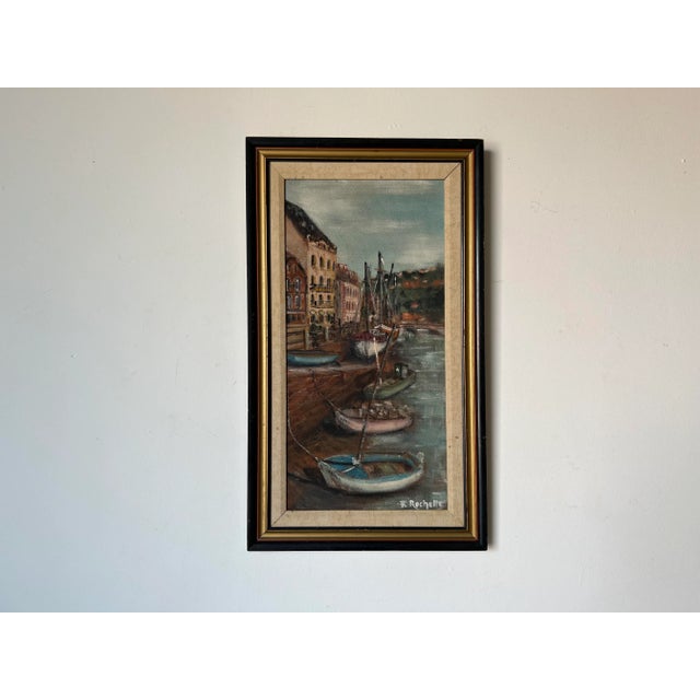 70's F. Rochelle Italian Village Corridor Harbor With Docked Boats Impressionist Oil Painting For Sale - Image 13 of 13