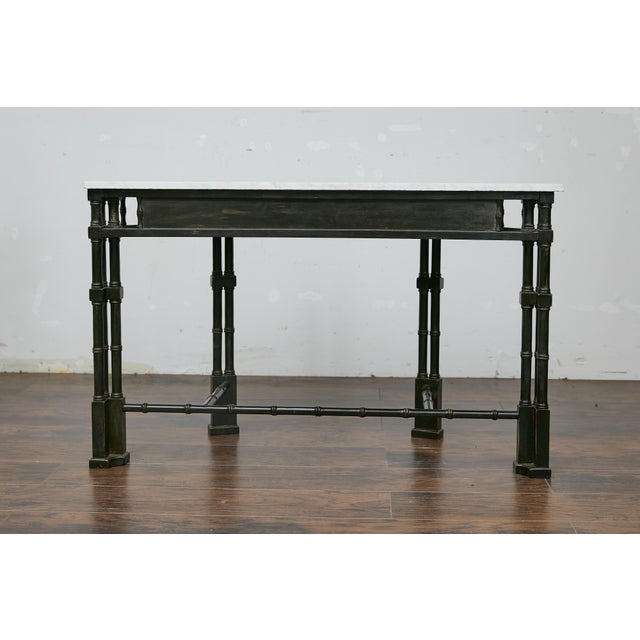 English Midcentury Demilune Table with Ebonized Bamboo Base, White Marble Top For Sale - Image 10 of 12