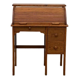 1930s Childs Small Roll Top Oak Two Drawer Desk For Sale