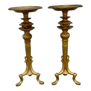 Art Deco French Provincial Brass Tripod Torchieres Candle Holders - A Pair For Sale