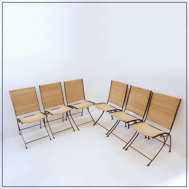 Mid-Century French Folding Chairs in Wicker and Iron, 1960s, Set of 6 For Sale - Image 6 of 17