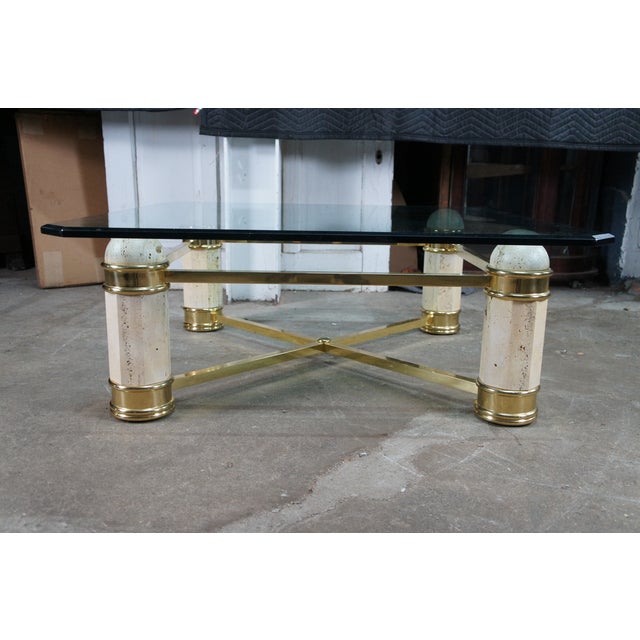 Vintage Italian Regency Travertine Stone Brass & Glass Coffee Cocktail Table 44" For Sale - Image 9 of 12
