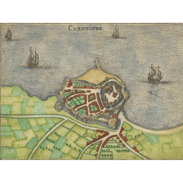 Antique Hand-Coloured Engraved Map of French Coastal Town Cherbourg, 1666 For Sale - Image 3 of 10