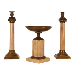 Marble Column Candlesticks Beige Marble and Bronze Etruscan Pair Candle Holders Ionic Order Capital Tazza - Set of 3 Tariff Free Delivery