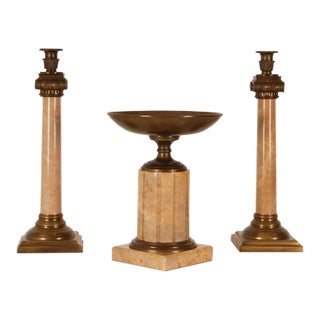 Vintage Column Candlesticks Beige Marble and Bronze Etrusk Pair Candle Holders Ionic Order Capital Tazza - Set of 3 Tariff Free Delivery For Sale