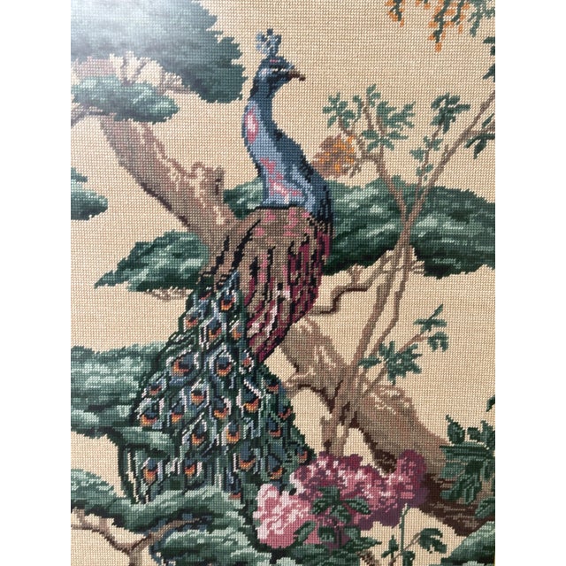 1970’s Chinoiserie Regency Needlepoint Peacock Framed Wall Hanging For Sale - Image 10 of 13