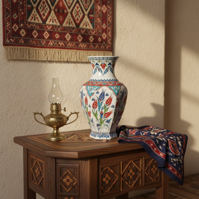 2020s Handmade Ceramic Iznik Vase (Faceted Form) Red Tulip and Blue Arch Pattern For Sale - Image 5 of 8