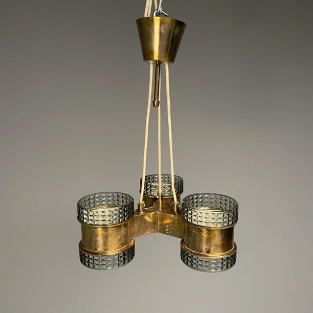 Swedish Mid-Century Modern, Pendant, Glass, Brass, Sweden, 1950s Swedish modern chandelier or pendant designed and...