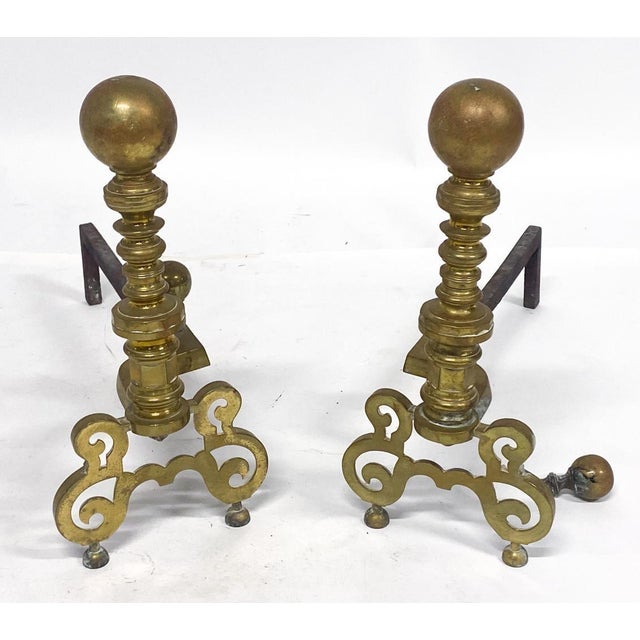 Antique Georgian Style Brass Ball-Top Andirons—A Pair For Sale In New York - Image 6 of 8